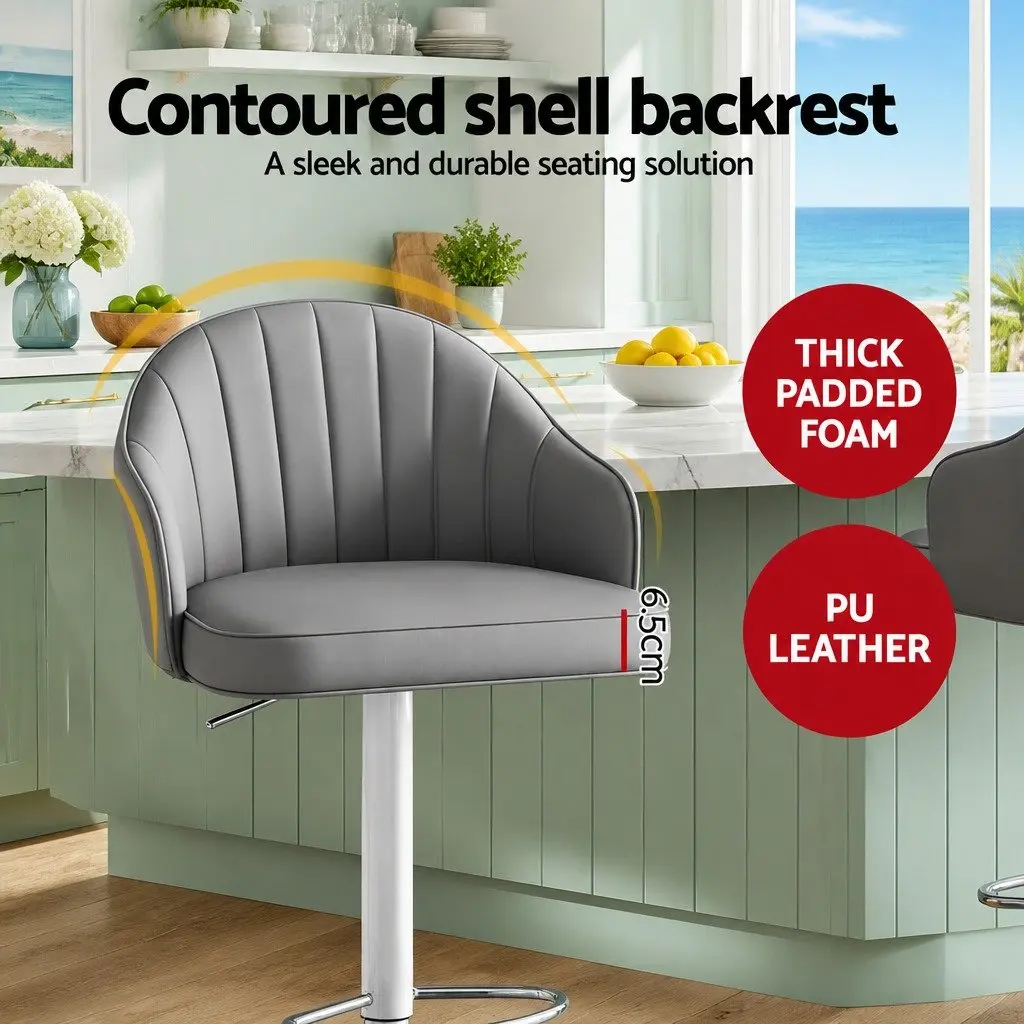 Bar Stools Swivel Adjustable Height Shell Grey PU Leather Metal Frame Set of 2