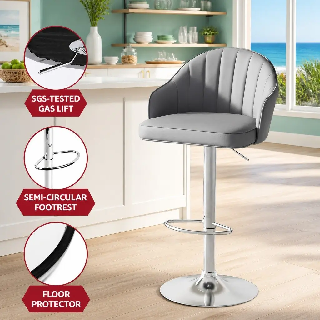Bar Stools Swivel Adjustable Height Shell Grey PU Leather Metal Frame Set of 2