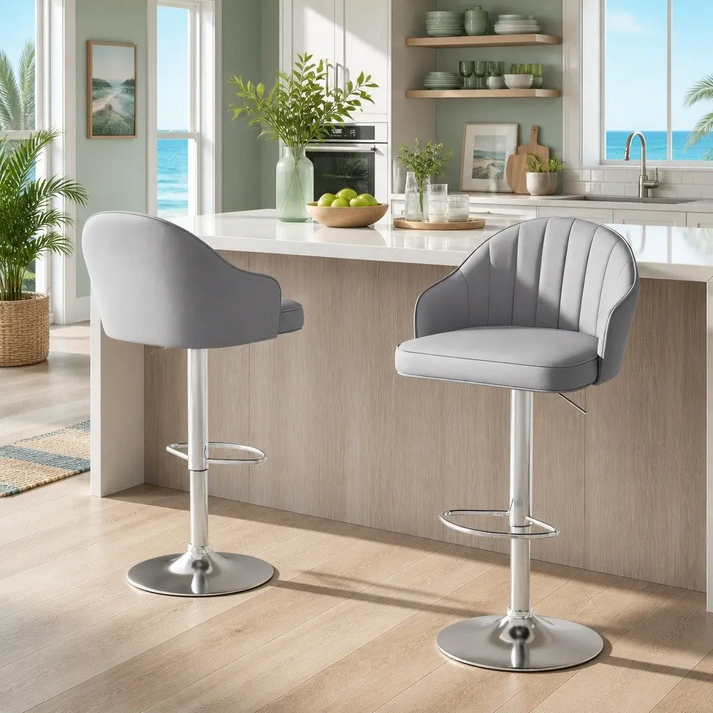 Bar Stools Swivel Adjustable Height Shell Grey PU Leather Metal Frame Set of 2