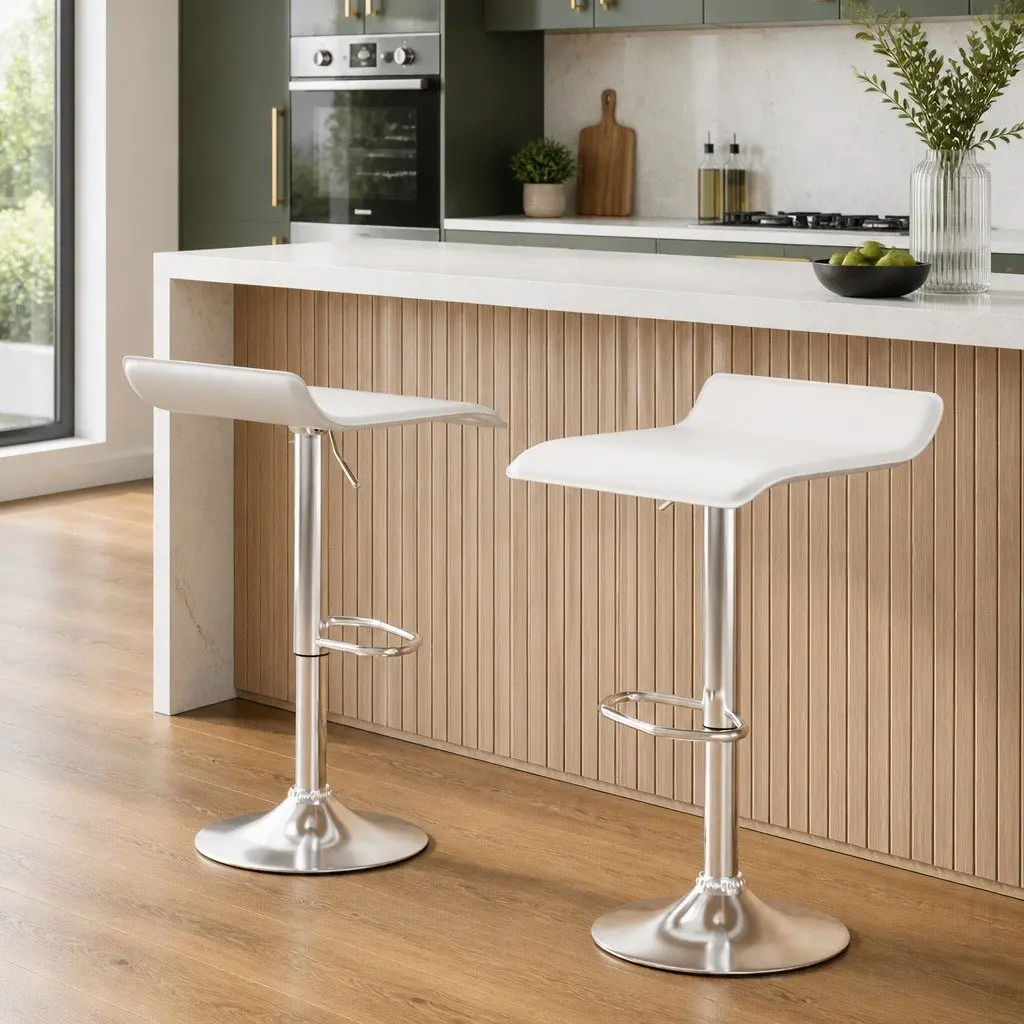 Bar Stools x2 White PU Leather Swivel Chair Adjustable Height Kitchen Counter