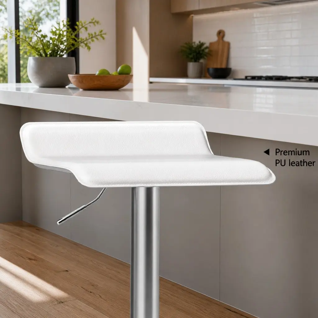 Bar Stools x2 White PU Leather Swivel Chair Adjustable Height Kitchen Counter