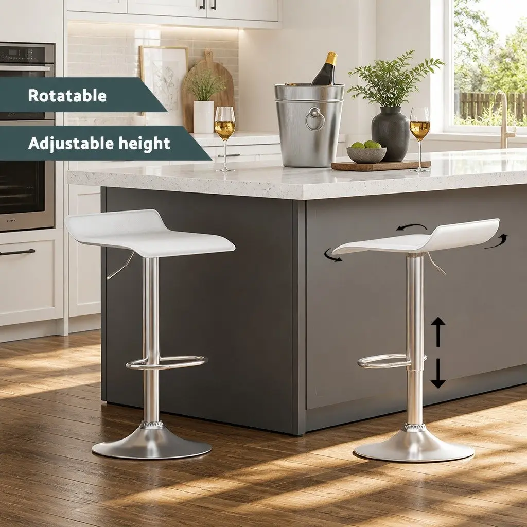Bar Stools x2 White PU Leather Swivel Chair Adjustable Height Kitchen Counter