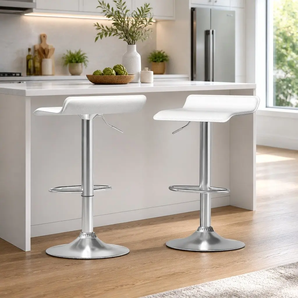 Bar Stools x2 White PU Leather Swivel Chair Adjustable Height Kitchen Counter