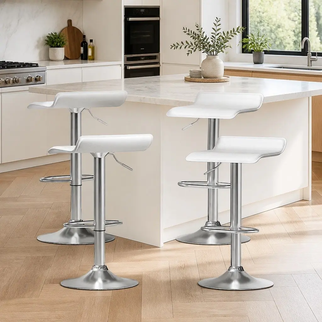Set of 4 White Swivel Bar Stools with Adjustable Height