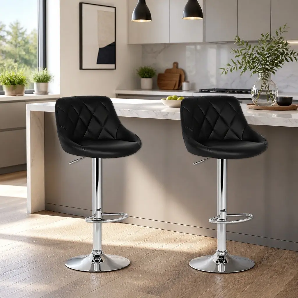 Set of 2 Black Leather Padded Bar Stools