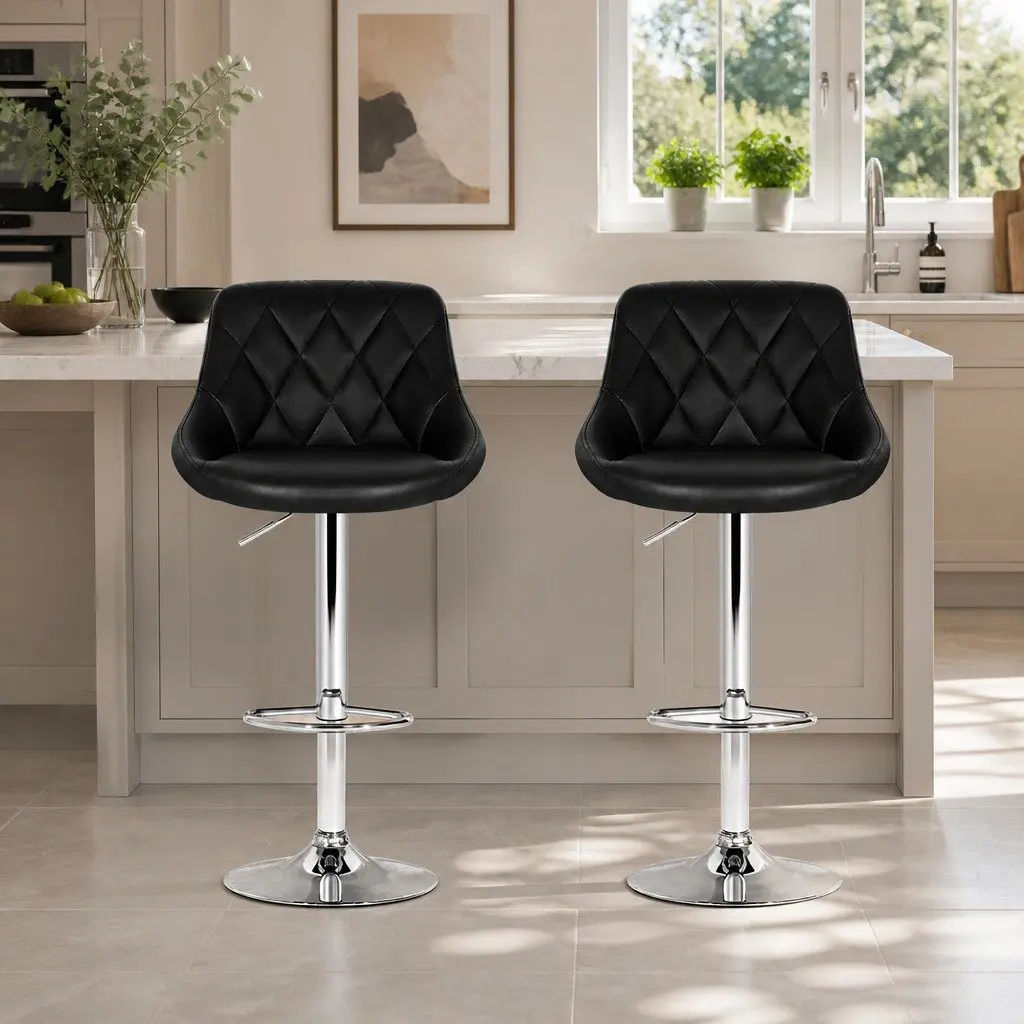 Set of 2 Black Leather Padded Bar Stools