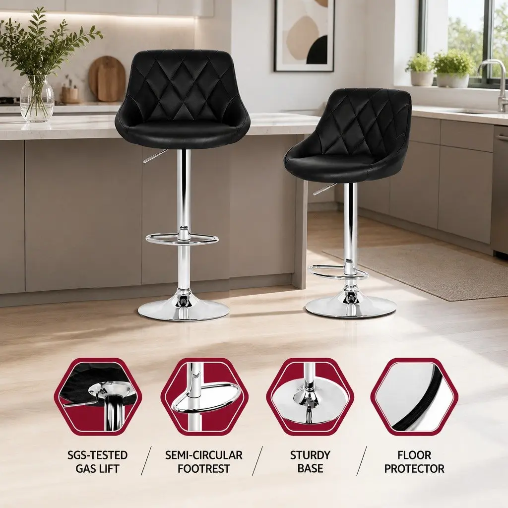 Set of 2 Black Leather Padded Bar Stools