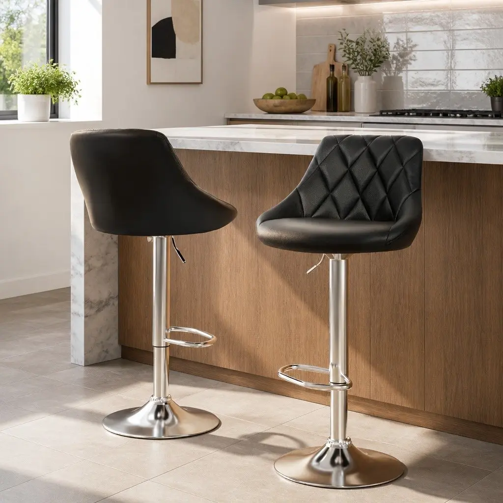 Set of 2 Black Leather Padded Bar Stools