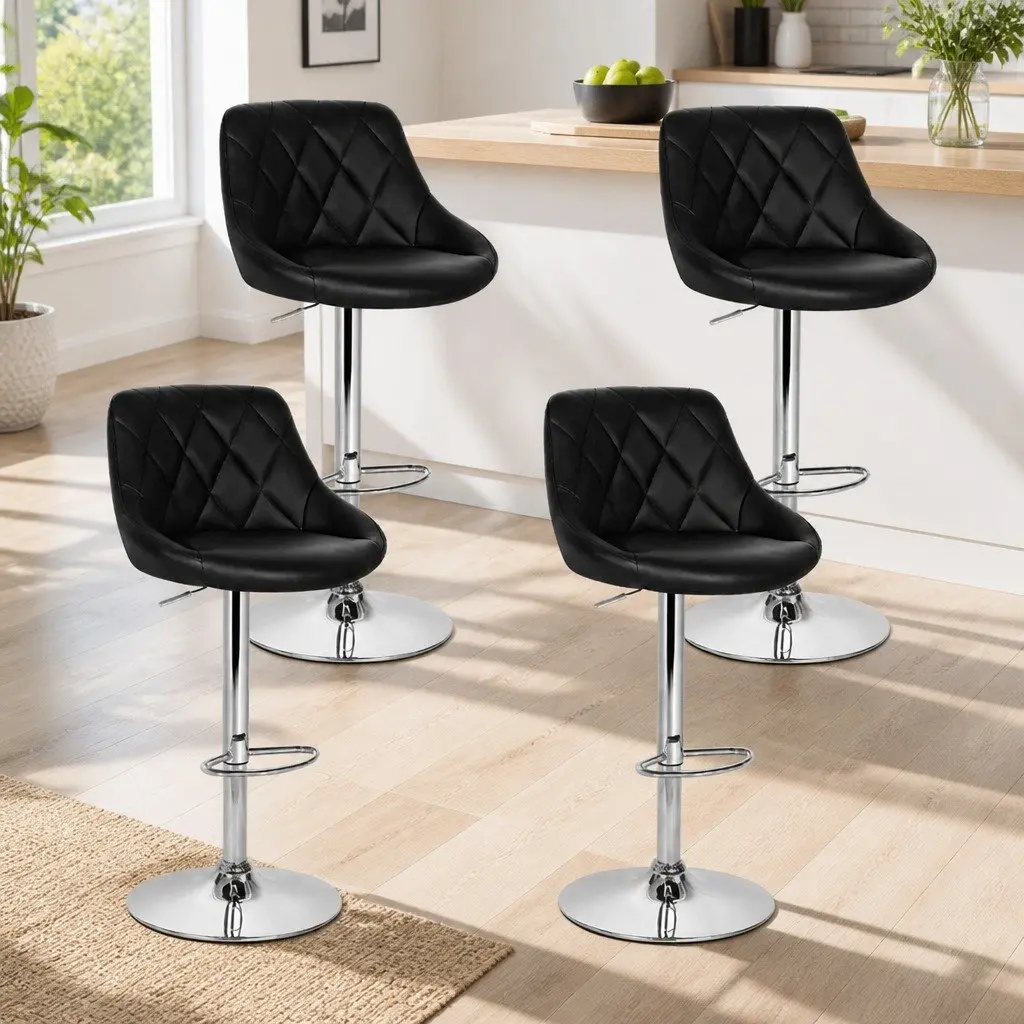 Bar Stools Black Padded Adjustable Gas Lift Swivel Chair Set of 4 PU Leather Steel Chrome