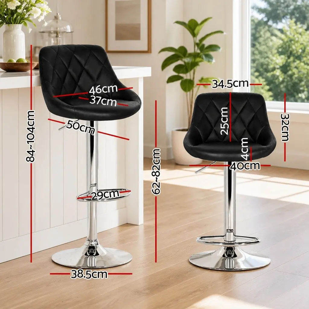 Bar Stools Black Padded Adjustable Gas Lift Swivel Chair Set of 4 PU Leather Steel Chrome