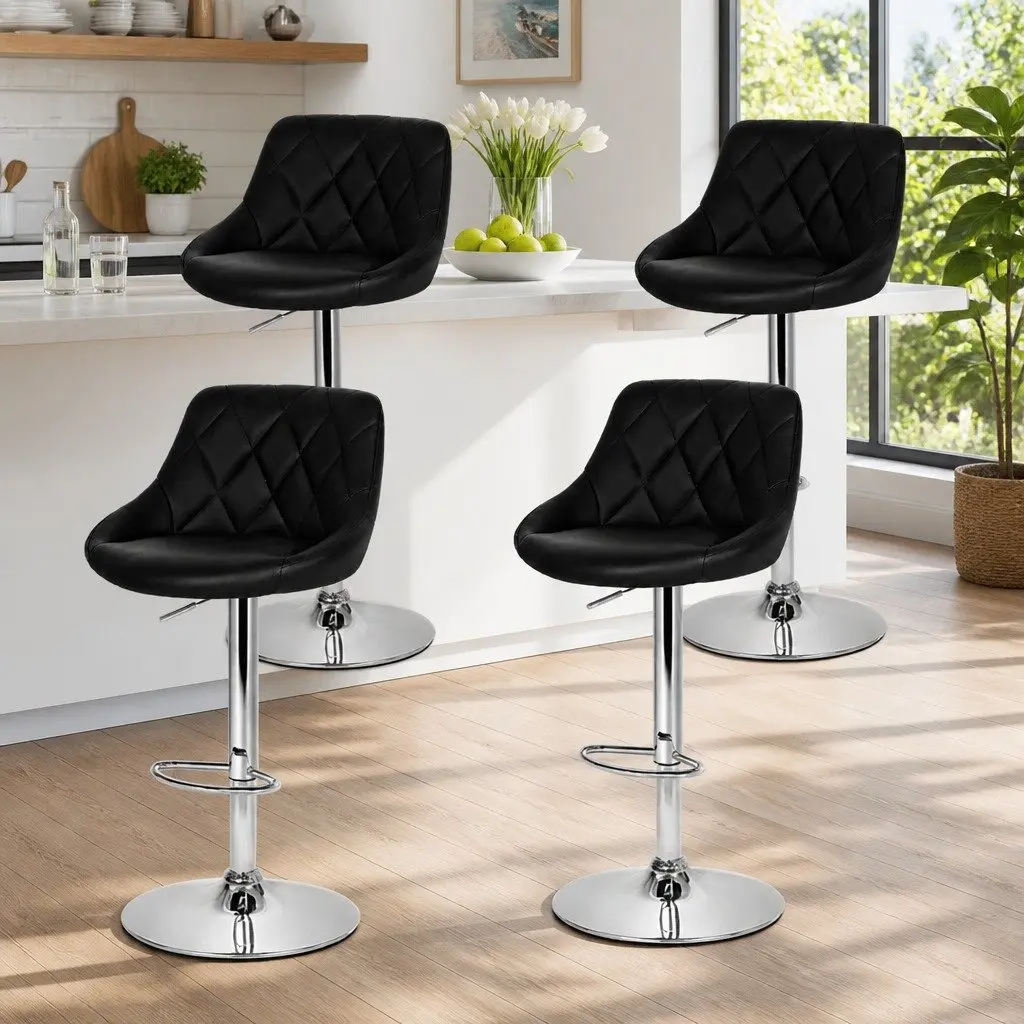 Bar Stools Black Padded Adjustable Gas Lift Swivel Chair Set of 4 PU Leather Steel Chrome