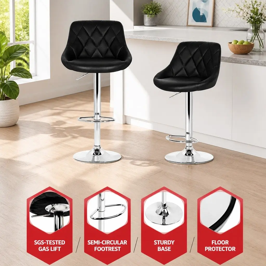 Bar Stools Black Padded Adjustable Gas Lift Swivel Chair Set of 4 PU Leather Steel Chrome