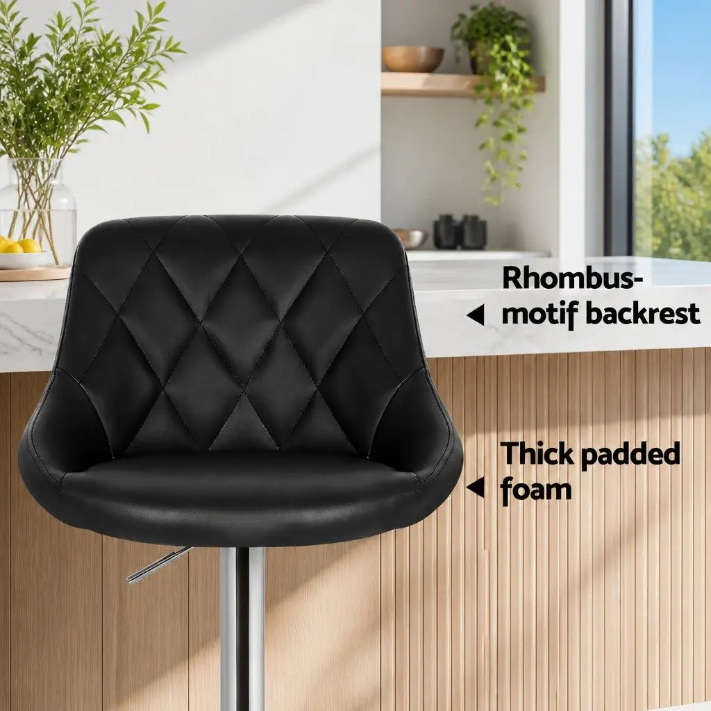 Bar Stools Black Padded Adjustable Gas Lift Swivel Chair Set of 4 PU Leather Steel Chrome