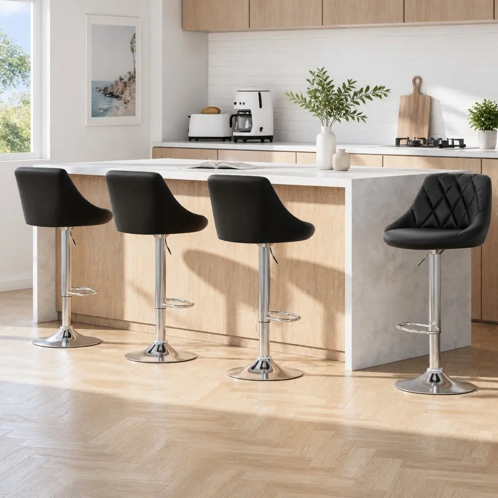 Bar Stools Black Padded Adjustable Gas Lift Swivel Chair Set of 4 PU Leather Steel Chrome