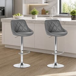 Set of 2 Grey Padded Gas Lift Bar Stools with Chrome Base