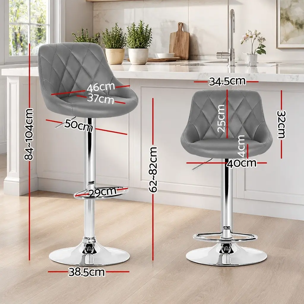 Grey Bar Stools Set of 2 Padded PU Leather Swivel Seat Chrome Base Height Adjustable