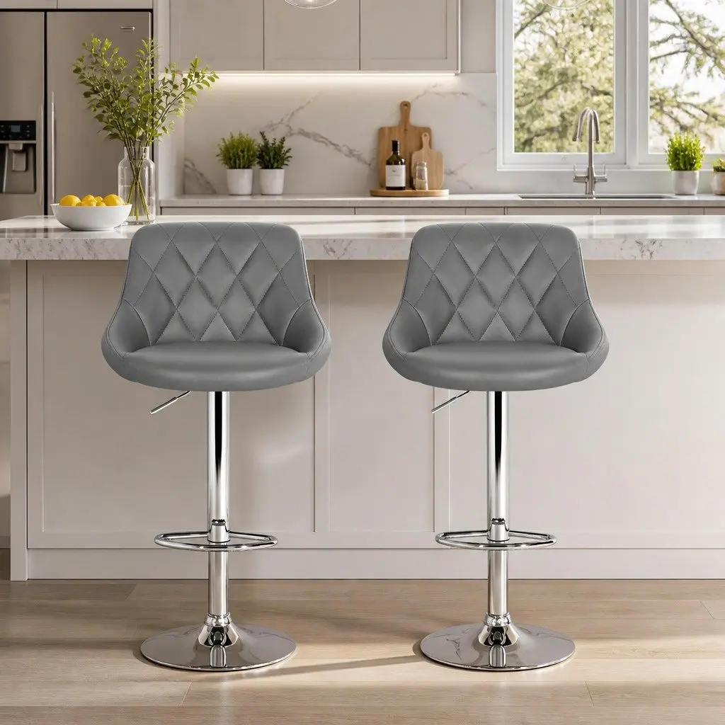 Grey Bar Stools Set of 2 Padded PU Leather Swivel Seat Chrome Base Height Adjustable