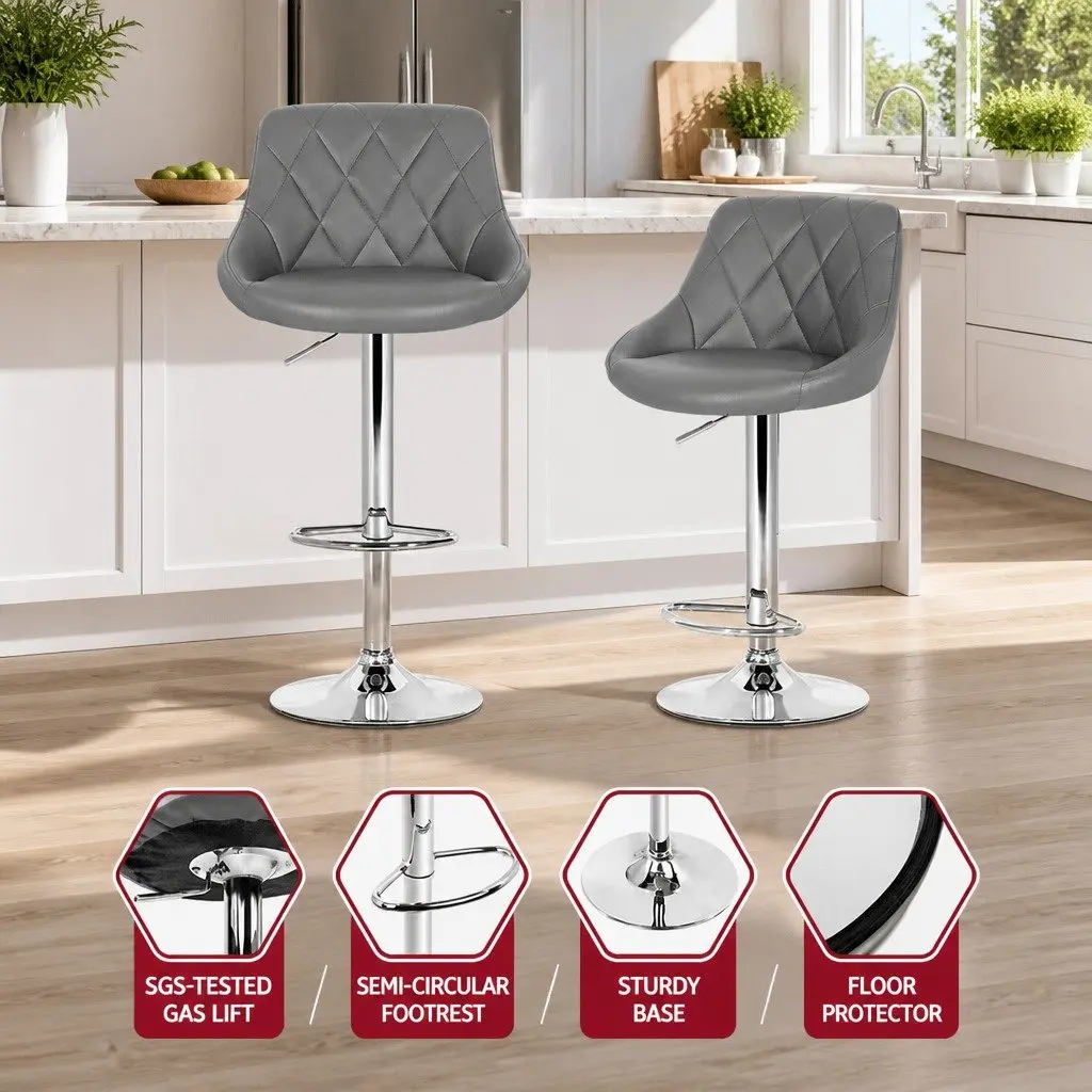 Grey Bar Stools Set of 2 Padded PU Leather Swivel Seat Chrome Base Height Adjustable