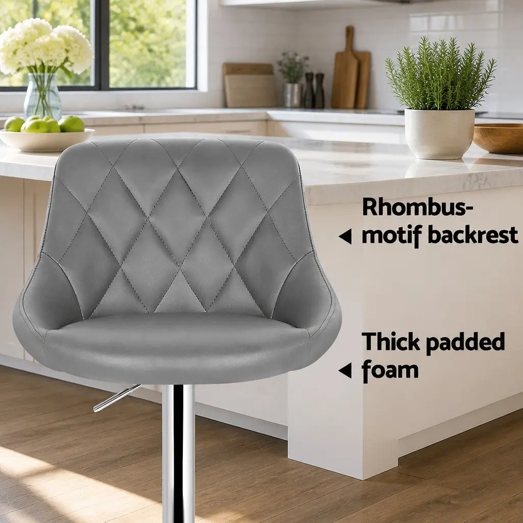 Grey Bar Stools Set of 2 Padded PU Leather Swivel Seat Chrome Base Height Adjustable