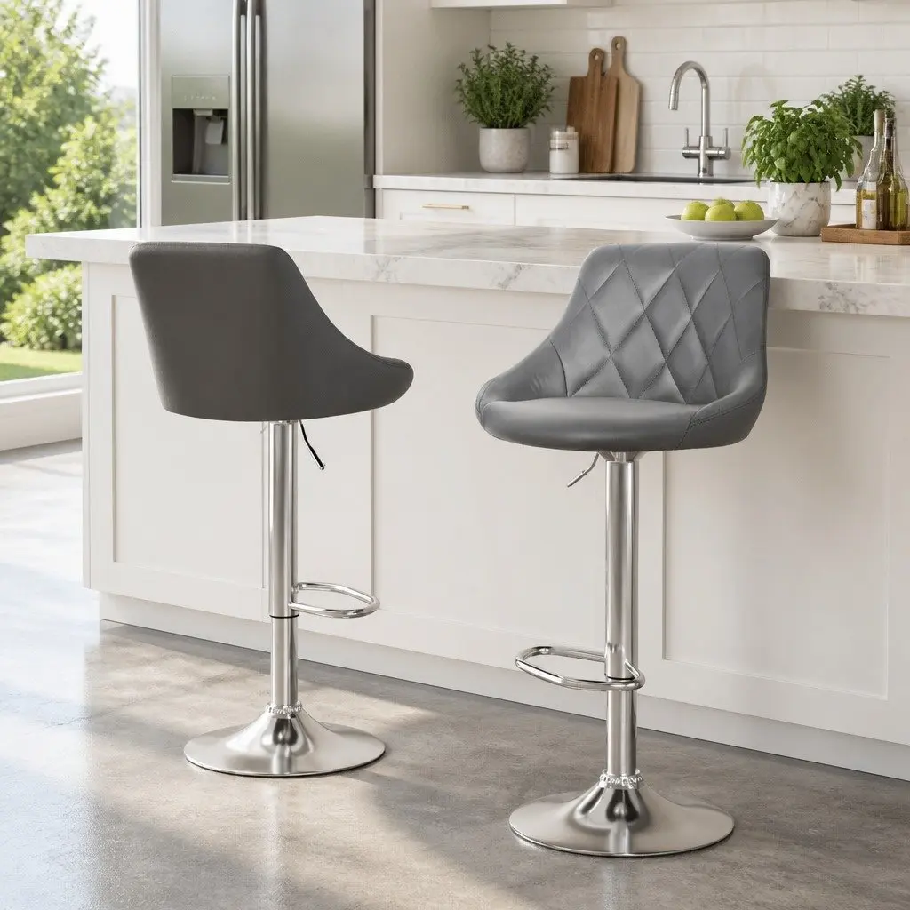 Grey Bar Stools Set of 2 Padded PU Leather Swivel Seat Chrome Base Height Adjustable