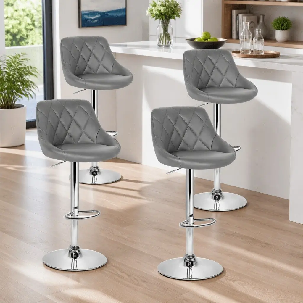 Set of 4 Grey Padded Bar Stools with Gas Lift
