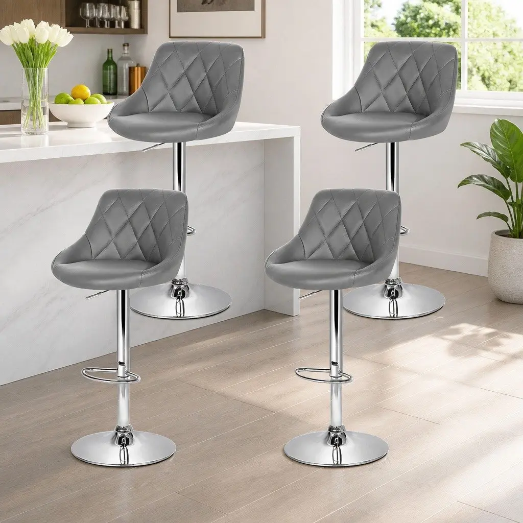 Set of 4 Grey Padded Bar Stools with Gas Lift