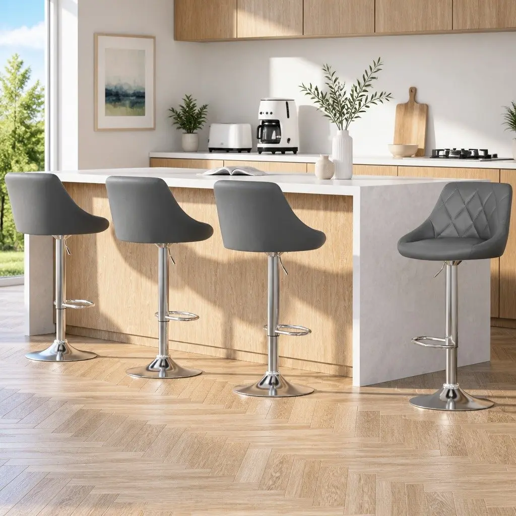 Set of 4 Grey Padded Bar Stools with Gas Lift