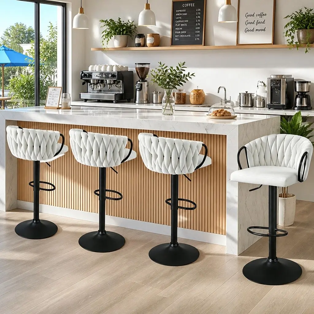 Bar Stools Adjustable Counter Height Velvet Beige 4 Piece Set