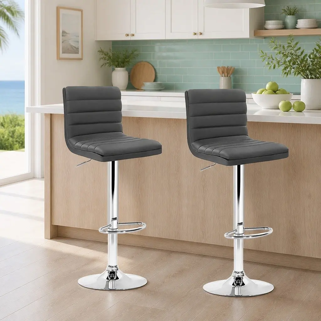 Set of 2 Grey Padded Faux Leather Bar Stools