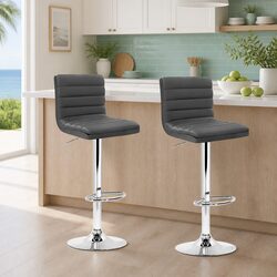 Set of 2 Grey Padded Faux Leather Bar Stools