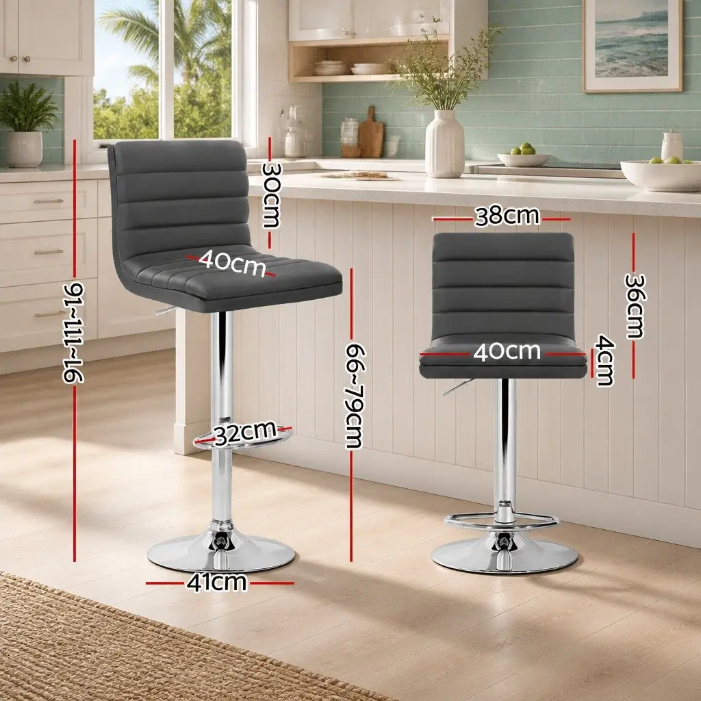 Set of 2 Grey Padded Faux Leather Bar Stools