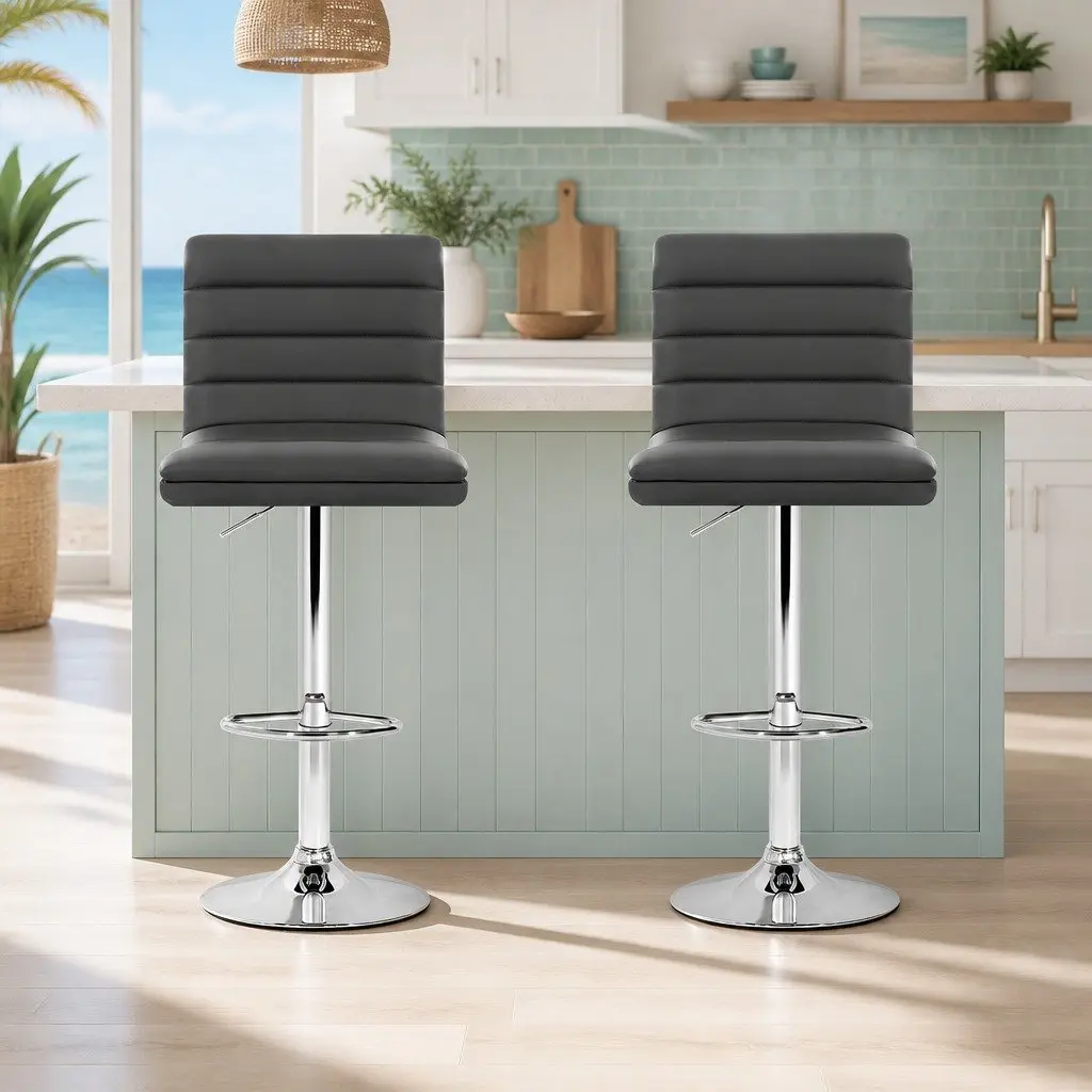 Set of 2 Grey Padded Faux Leather Bar Stools