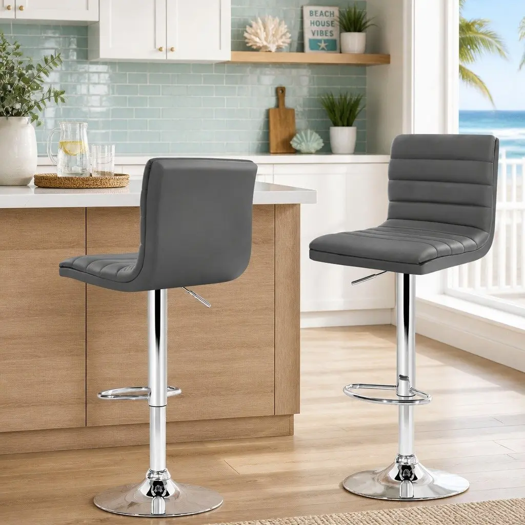 Set of 2 Grey Padded Faux Leather Bar Stools