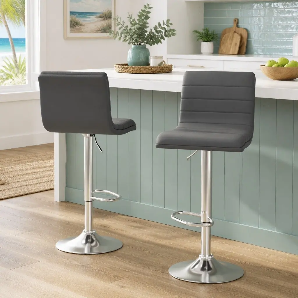 Set of 2 Grey Padded Faux Leather Bar Stools