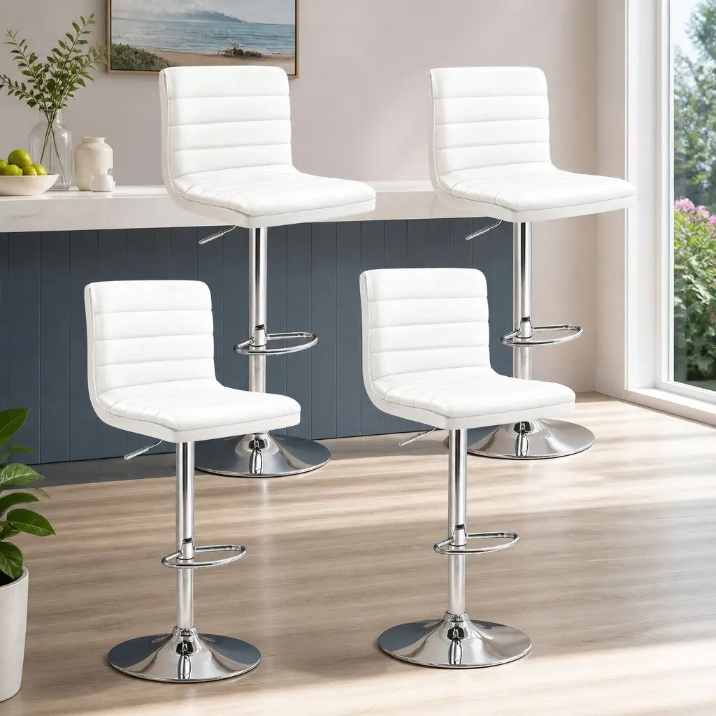 4x Bar Stools Padded Seat Gas Lift Swivel Kitchen Dining Chair White