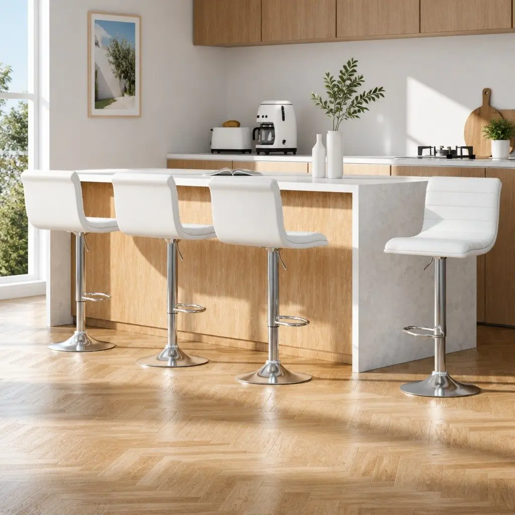 4x Bar Stools Padded Seat Gas Lift Swivel Kitchen Dining Chair White