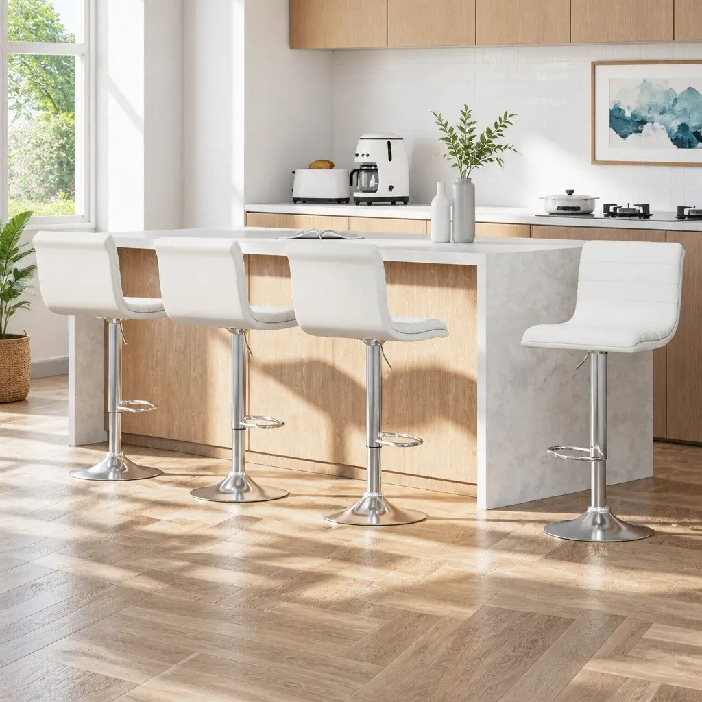 4x Bar Stools Padded Seat Gas Lift Swivel Kitchen Dining Chair White