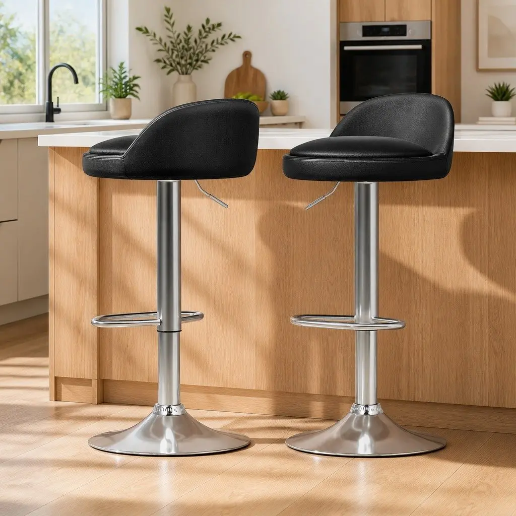 Bar Stools x2 PU Leather Gas Lift Adjustable Height Swivel Chair Kitchen Counter