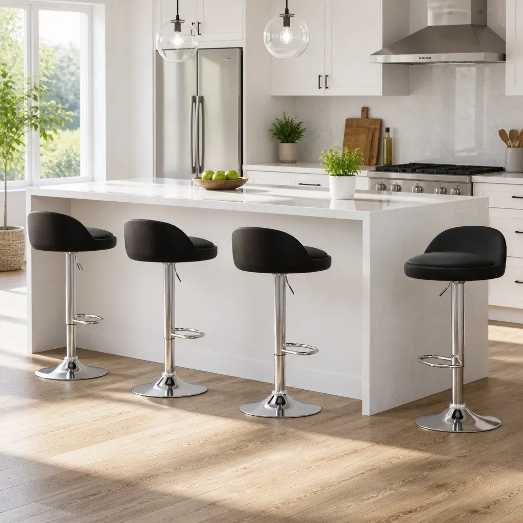 Bar Stools PU Leather Adjustable Height Swivel Set of 4 Kitchen Island Chrome Base