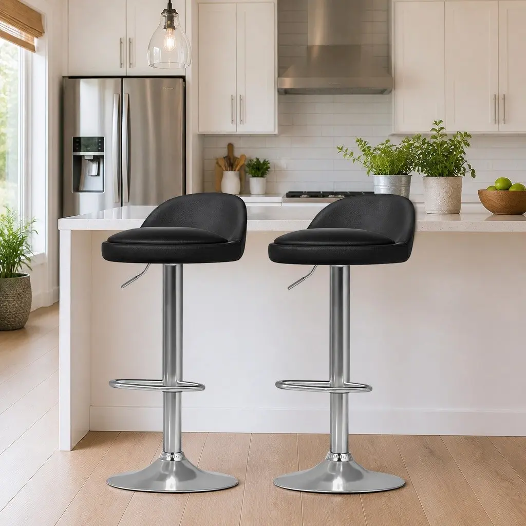 Bar Stools PU Leather Adjustable Height Swivel Set of 4 Kitchen Island Chrome Base