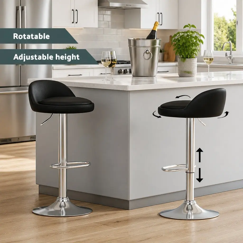 Bar Stools PU Leather Adjustable Height Swivel Set of 4 Kitchen Island Chrome Base