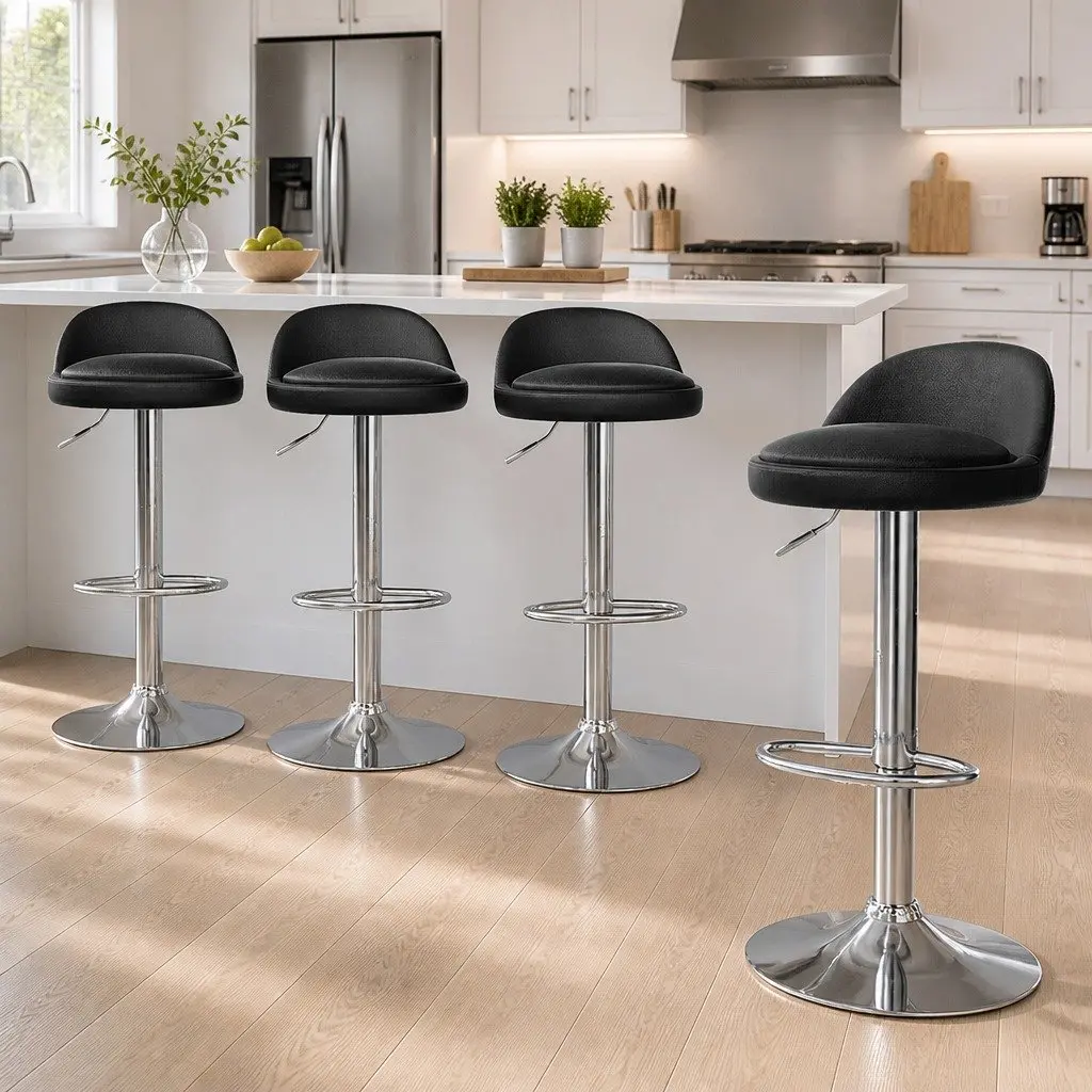 Bar Stools PU Leather Adjustable Height Swivel Set of 4 Kitchen Island Chrome Base