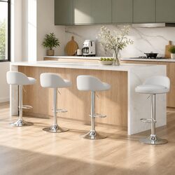 Set of 4 White PU Leather Gas Lift Bar Stools