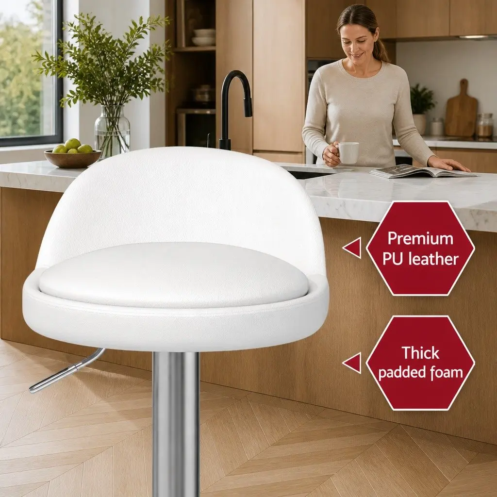 Bar Stools x4 PU Leather Gas Lift Adjustable Height Swivel White Kitchen Dining