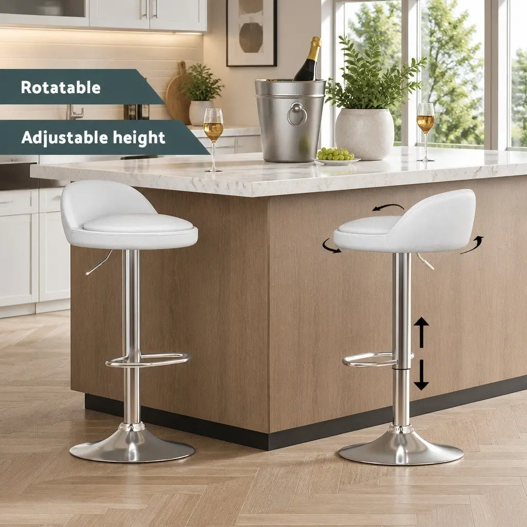 Bar Stools x4 PU Leather Gas Lift Adjustable Height Swivel White Kitchen Dining