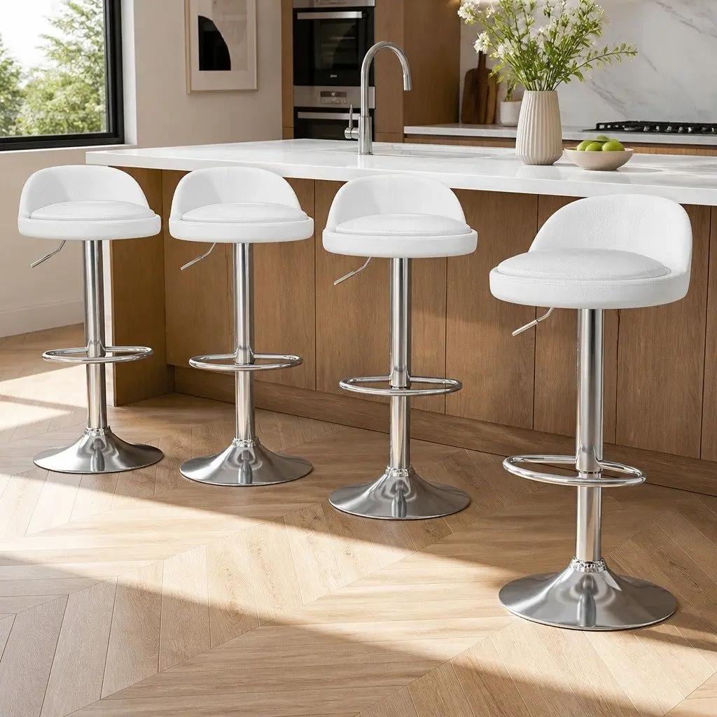 Bar Stools x4 PU Leather Gas Lift Adjustable Height Swivel White Kitchen Dining