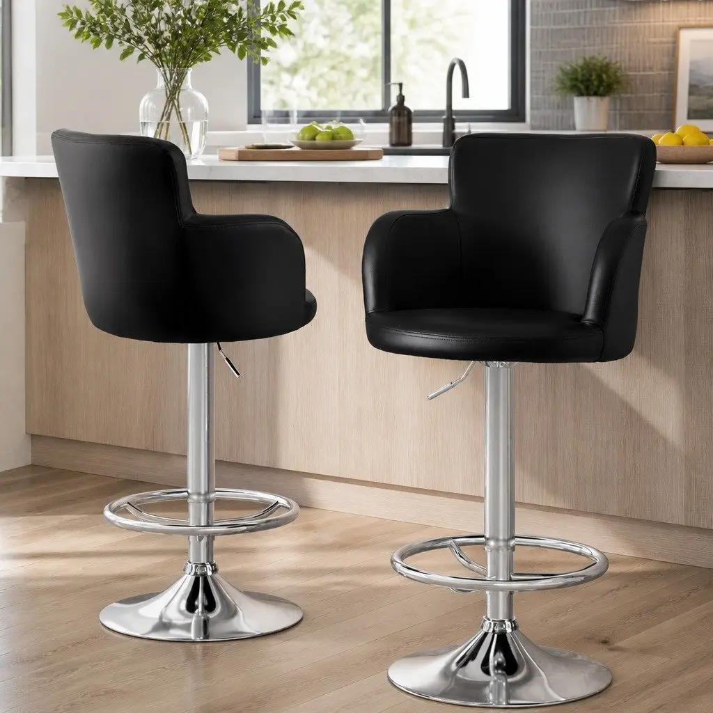 Bar Stools Swivel Adjustable Height PU Leather Black 2 Piece