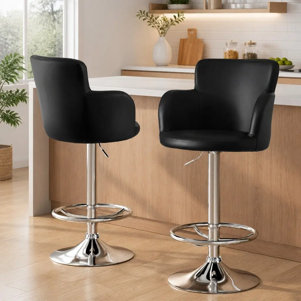 Bar Stools Swivel Adjustable Height PU Leather Black 2 Piece