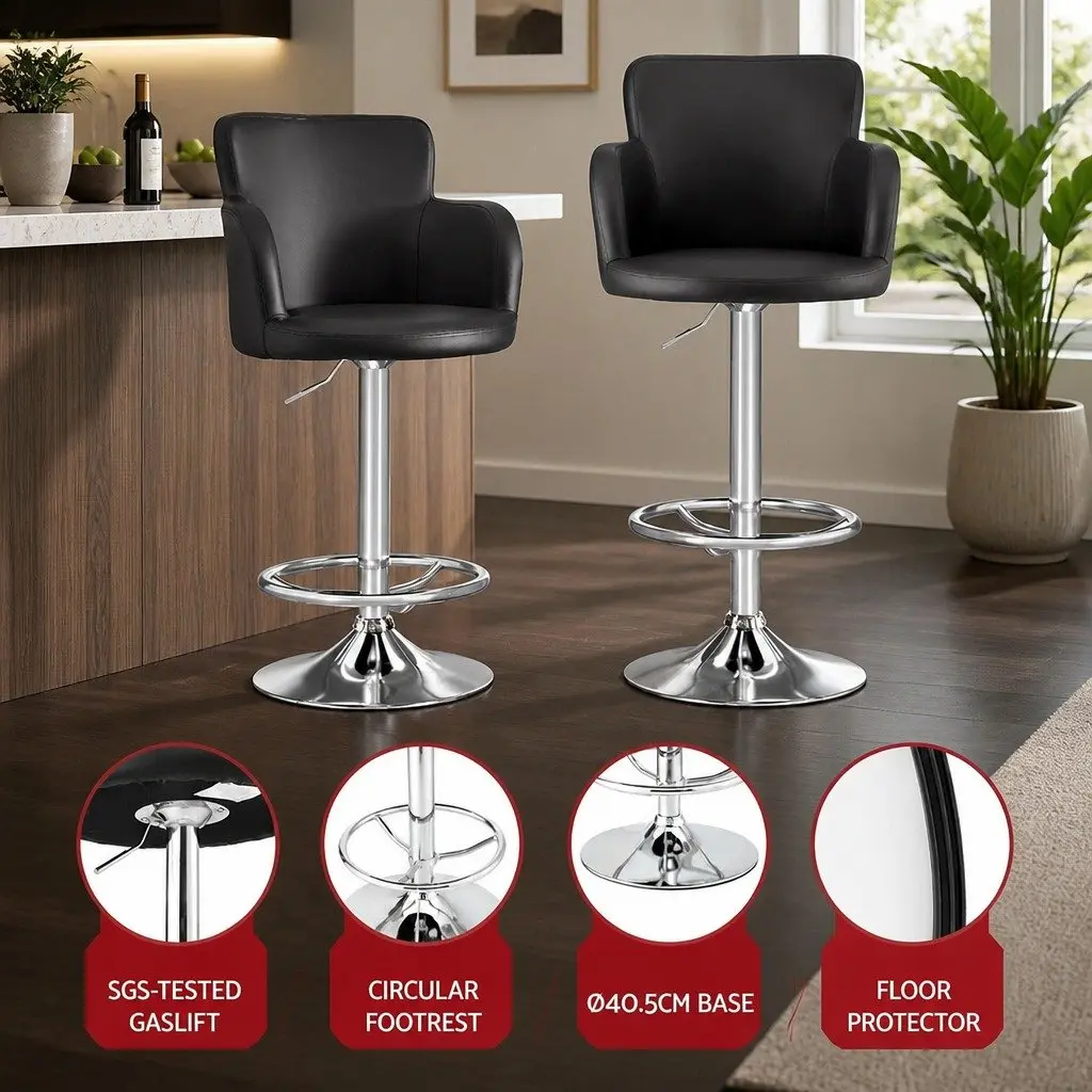 2x Bar Stools Swivel Counter Height Adjustable Gas Lift PU Leather Seating Brown