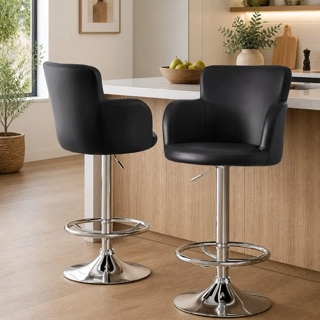 2x Bar Stools Swivel Counter Height Adjustable Gas Lift PU Leather Seating Brown